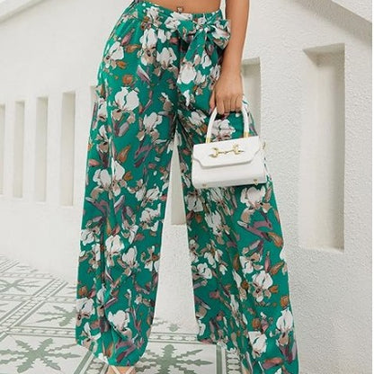 Antmvs Cross-Border HOTan and NEWn New Fashion Women's Printed Wear High Waist Lace-up  Casual Wide Leg Temperament Commute Trousers