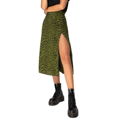 Antmvs -  Flower Leopard Print High Waist Elastic Split Long A-line Skirt for Women 11 Colors 4 Sizes