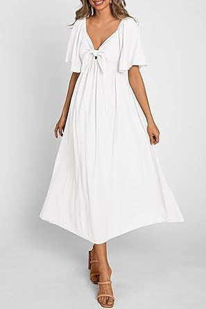 ANTMVS  European and American Foreign Trade Cross-Border Women's Clothing  Shein Bow V-neck Pleated Mid-Length Short Sleeve Dress