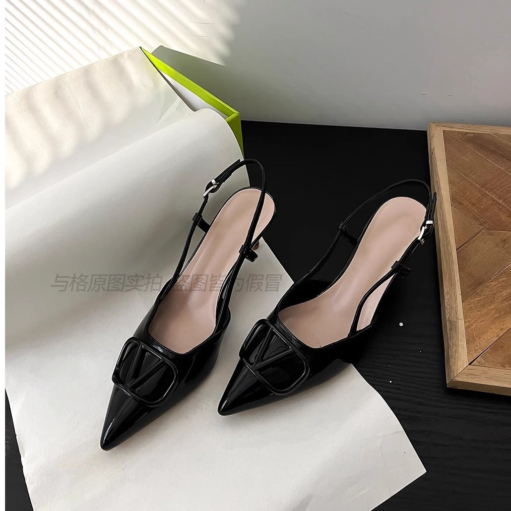 ANTMVS  Nude High Heels Women's  New Summer V Buckle Pointed Toe Stiletto Heel Pumps Women's  Sandals Women's Height Increasing