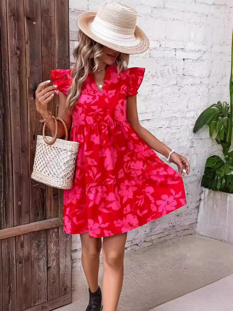 Antmvs -  Women's Floral Ruched Ruffle Hem Smock Dress, Casual Butterfly Sleeve Notched Neck Short Sundress, Summer Dresses 2024, Dresses for Women, Sundresses 2024, Ladies Clothes for Beach Holiday Vacation