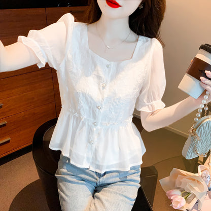 ANTMVS Style Short-Sleeved Chiffon Shirt Women's Summer Wear  New Age-Reducing Beautiful Waist-Tight Shirt Slimming Top