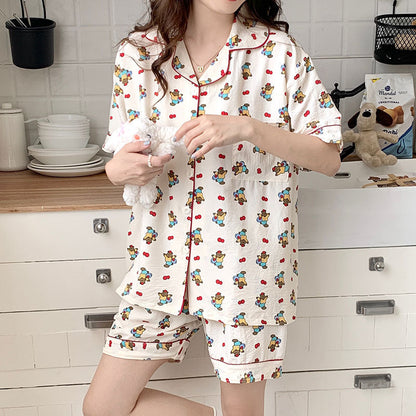 Antmvs -  Women's All Over Print Elastic Waist Pyjama Set, Button Front Top & Bow Decor Shorts, Summer Sleepwear, Pajama Sets Women, Nightwear Set for Women