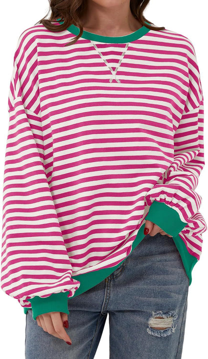 Antmvs -  Fisoew Womens Striped Oversized Sweatshirt Color Block Crew Neck Long Sleeve Shirt Casual Loose Pullover Top Y2K Clothes