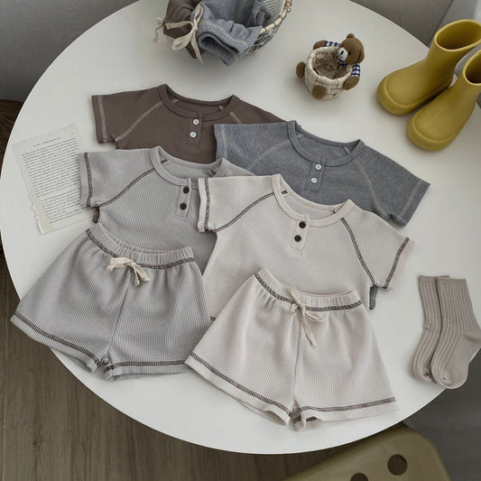 ANTMVS 24 Summer New Korean Style Children's Suit Ins Pop Children's Waffle Short Sleeve Two-Piece Set Children's Summer Sports Sets