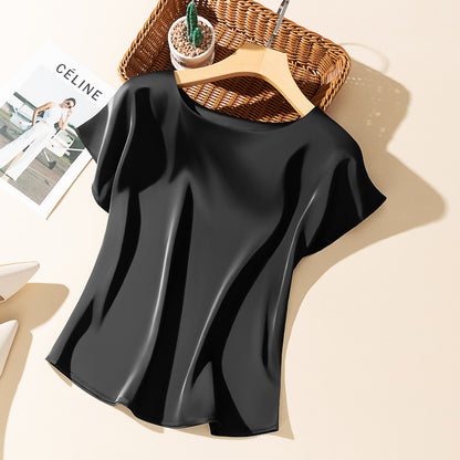 ANTMVS Summer New Silky Acetate Satin round Neck T-shirt Women's Loose Top Idle Style All-Match Silk Ol Shirt