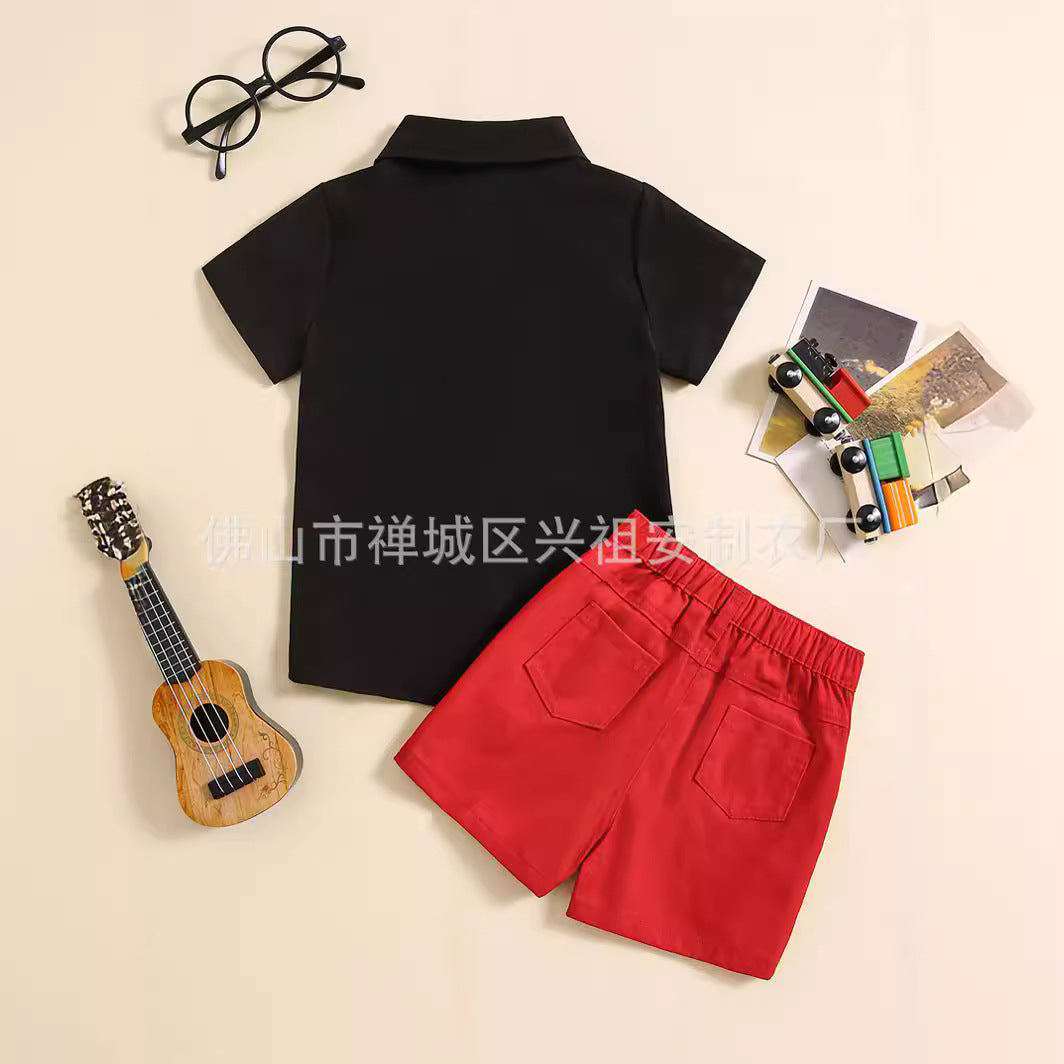 ANTMVS Children's Clothing  Summer New Children's Preppy Style Short-Sleeved Shirt Gentleman Tie Shorts Set