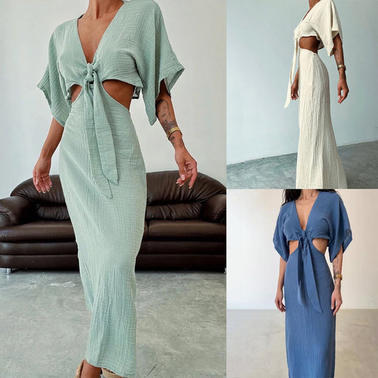 ANTMVS European and American Sexy Slim Fit Midriff Outfit V-neck Dress Summer New Hollow Backless Dress Long Dress