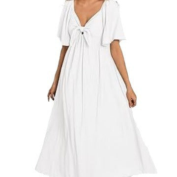 ANTMVS  European and American Foreign Trade Cross-Border Women's Clothing  Shein Bow V-neck Pleated Mid-Length Short Sleeve Dress