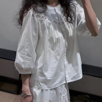 2025 spring cotton shirt women's doll dress beauty age reduction fresh hollow embroidered round neck cotton seven-quarter sleeve shirt