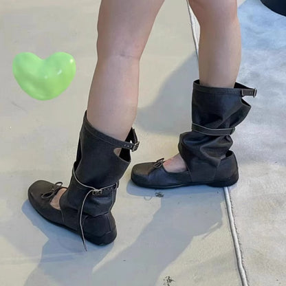 South Korea Special-Interest Design Sandal Boots Women's  New Summer Bow Ballet Pleated Pile Style Boots Middle Boots