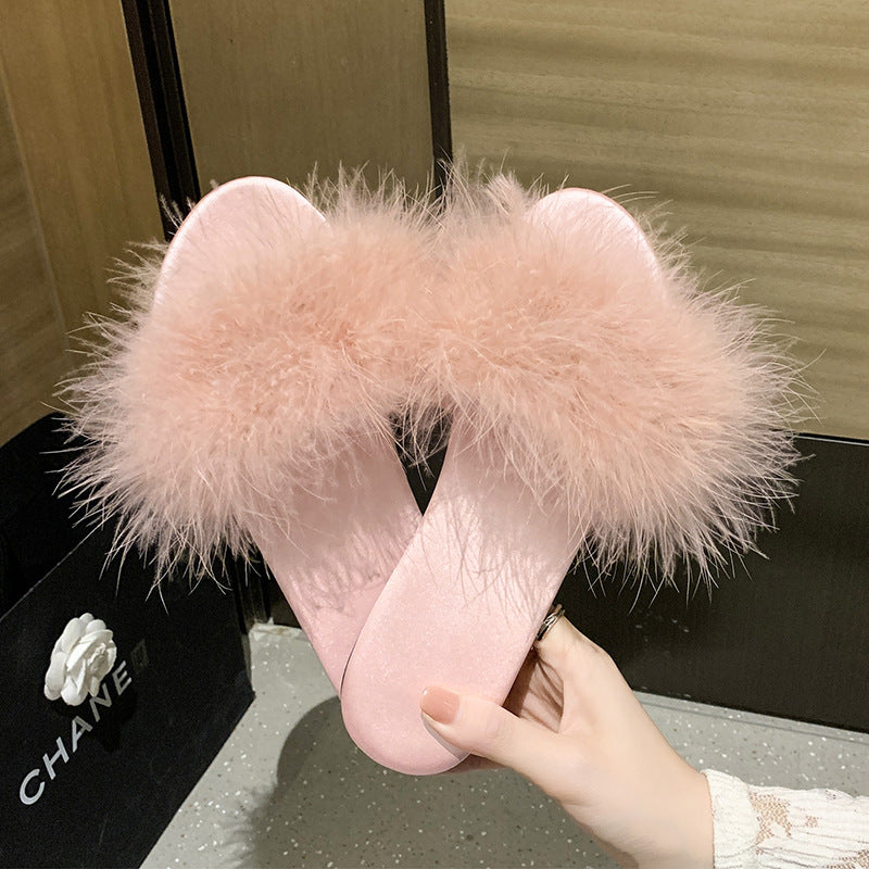 ANTMVS Korean Style Summer New Flat Fluffy Slippers Women's Outer Wear Fashion Trending Low Heel Slippers Feather Flip-Flops