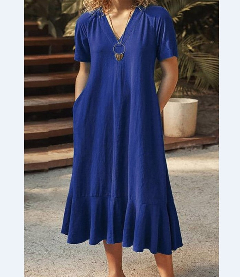 ANTMVS Cross Border New Best Selling Women's Clothes Solid Color and V-neck Lace-up Short Sleeve A- line Length Dress