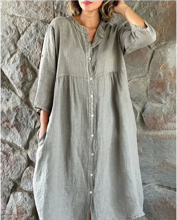 ANTMVS Cross-Border Women's Clothing   New Cotton and Linen European and American Solid Color Casual Button Length Dress Wholesale