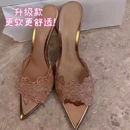 ANTMVS  New Internet Celebrity High Heel Slippers Women's Stiletto Heel Banquet Slippers Sexy Comfortable Champagne Gold Embroidered Shoes One Piece Dropshipping