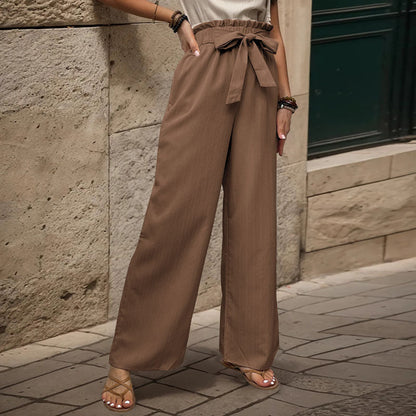 Antmvs -  Women's Plain Paper Bag Waist Wide Leg Pants, Casual High Waist Tie Front Trousers for Summer, Fashion Women's Bottoms for Daily Wear