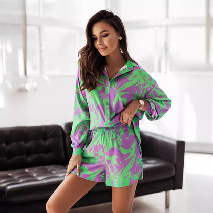 ANTMVS 2022 Wish Cross-Border Foreign Trade Women's Multicolor Vacation Style Casual Shirt Shorts Suit in Stock