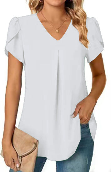 ANTMVS Independent Station Popular Women's Fashionable Chiffon Shirt V-neck Ruffled Short Sleeve Waist Top in Stock