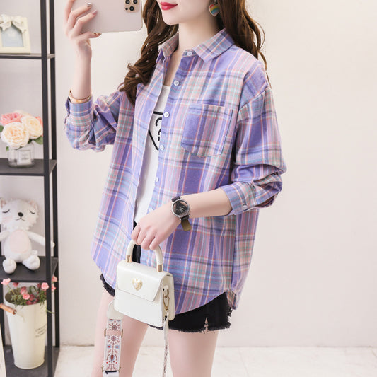 ANTMVS Plaid Shirt Women's Loose Long Sleeve Spring and Autumn Style Versatile Casual Student Spring and Autumn plus Size Korean Style Shirt Coat Cotton