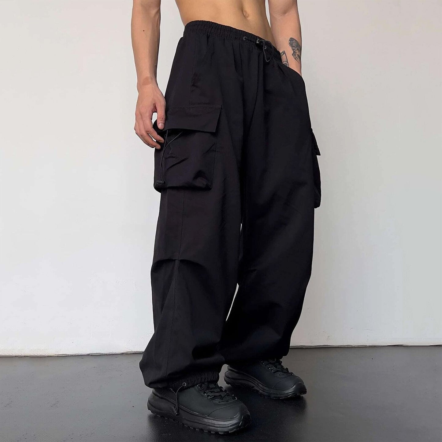 ANTMVS Nylon Quick-Drying Overalls Men's Summer New American Parachute Pants High Waist Wide Leg Leisure Drawstring