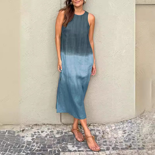 ANTMVS Cross-Border Women's Clothing European and American Women's Summer Casual Cotton Linen Sleeveless Slit Gradient Dress