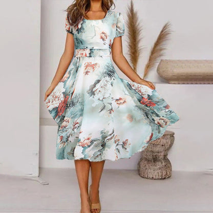 ANTMVS  Cross Border New Women's Clothing   Elegant Floral Print Fashion Short Sleeve Mid-Length Dress