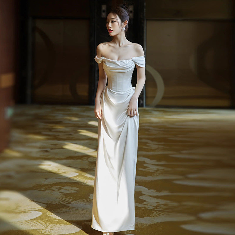 off-Shoulder Light Wedding Dress Bride High-Grade White Simple Satin Dress Temperament Entry Lux Slim-Fit Fishtail Skirt