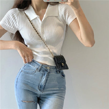 Antmvs -  Women's Plain Buttons Collared Tee, Elegant Casual Short Sleeve T-shirt for Summer, Ladies Clothes for Daily Wear