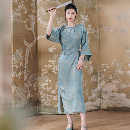 New Chinese Style Rayon Jacquard Dress Improved Cheongsam Adjustable Waist Blue Skirt B0336-2