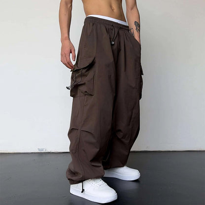 ANTMVS Nylon Quick-Drying Overalls Men's Summer New American Parachute Pants High Waist Wide Leg Leisure Drawstring