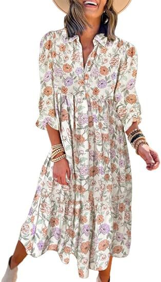 ANTMVS New Casual Loose Long Sleeve V-neck Women's Bohemian Floral Flowy A- line Dress