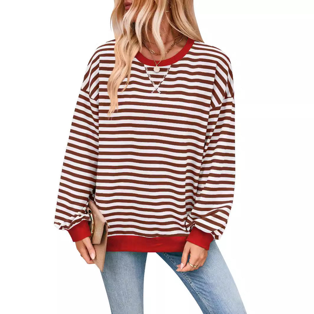 Antmvs -  Fisoew Womens Striped Oversized Sweatshirt Color Block Crew Neck Long Sleeve Shirt Casual Loose Pullover Top Y2K Clothes