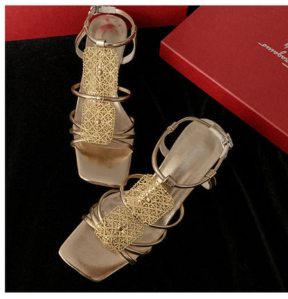 ANTMVS  Style Retro Stiletto Heel Sandals  Spring/Summer Square Toe Open Toe Bright Leather Buckle Fashion High Heel Women's Sandals Wholesale