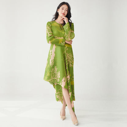 2025 Spring dress women's slim high-quality fashion versatile temperament elegant printing holiday style  irregular skirt