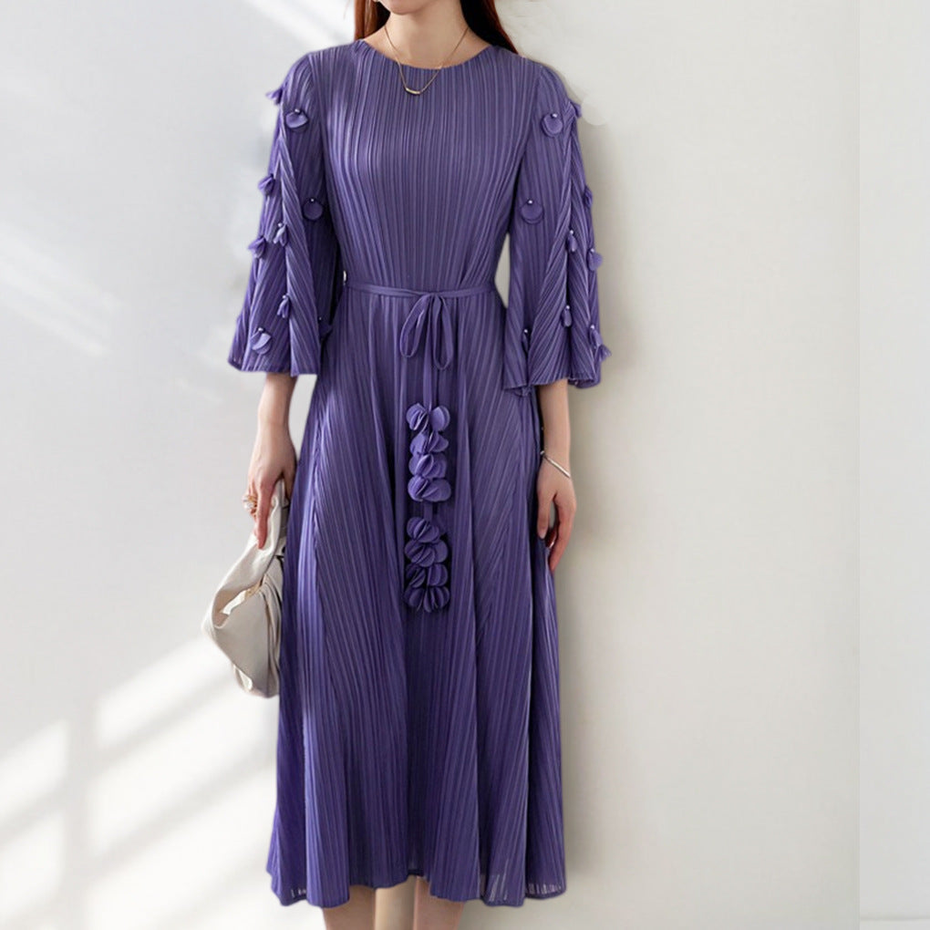 2025 2025 New new Mizhai dress large size women's clothing seven-quarter sleeve lace-up medium and long fashion temperament pleated skirt