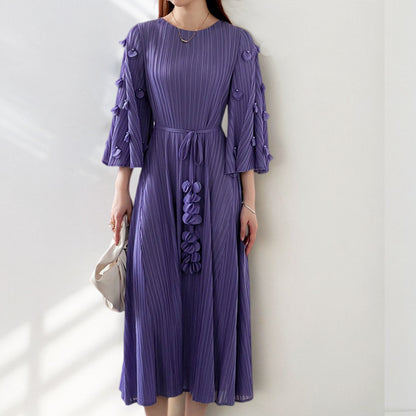 2025 2025 New new Mizhai dress large size women's clothing seven-quarter sleeve lace-up medium and long fashion temperament pleated skirt