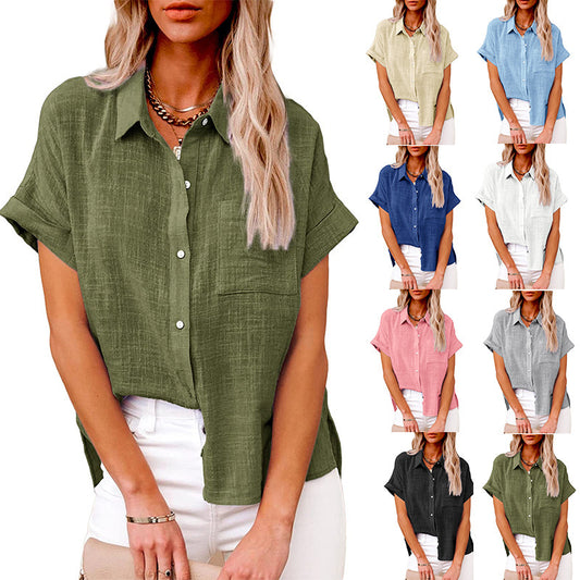 ANTMVS Wish Summer New  Cross Border Women's Solid Color Linen Shirt Short Sleeve Casual Loose Shirt