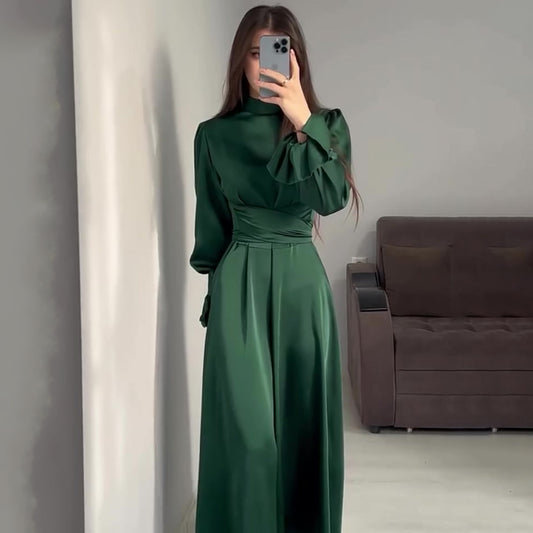 ANTMVS European and American Foreign Trade  Autumn New Long Sleeve Waist Puff Sleeve Solid Color Fairy Style Dress