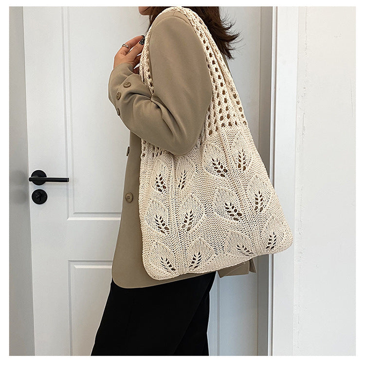 ANRMVS Women's Bag Korean Same Style Chic Retro Hollow New Portable Shoulder Bag Knitted Bag Woolen Yarn Bag Cross-Border Big Bag