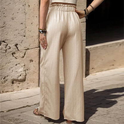 Antmvs -  Women's Plain Paper Bag Waist Wide Leg Pants, Casual High Waist Tie Front Trousers for Summer, Fashion Women's Bottoms for Daily Wear