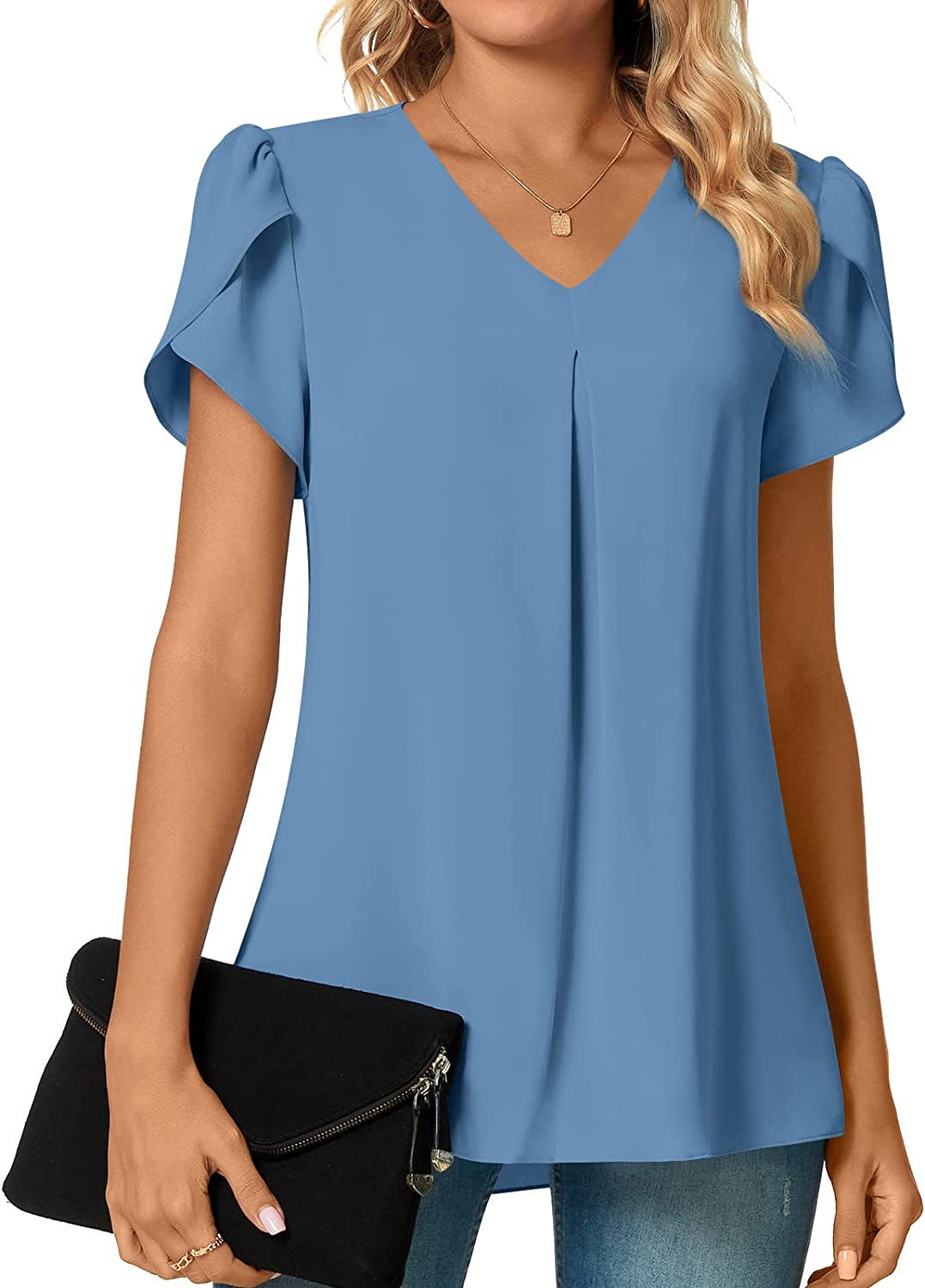 ANTMVS Independent Station Popular Women's Fashionable Chiffon Shirt V-neck Ruffled Short Sleeve Waist Top in Stock