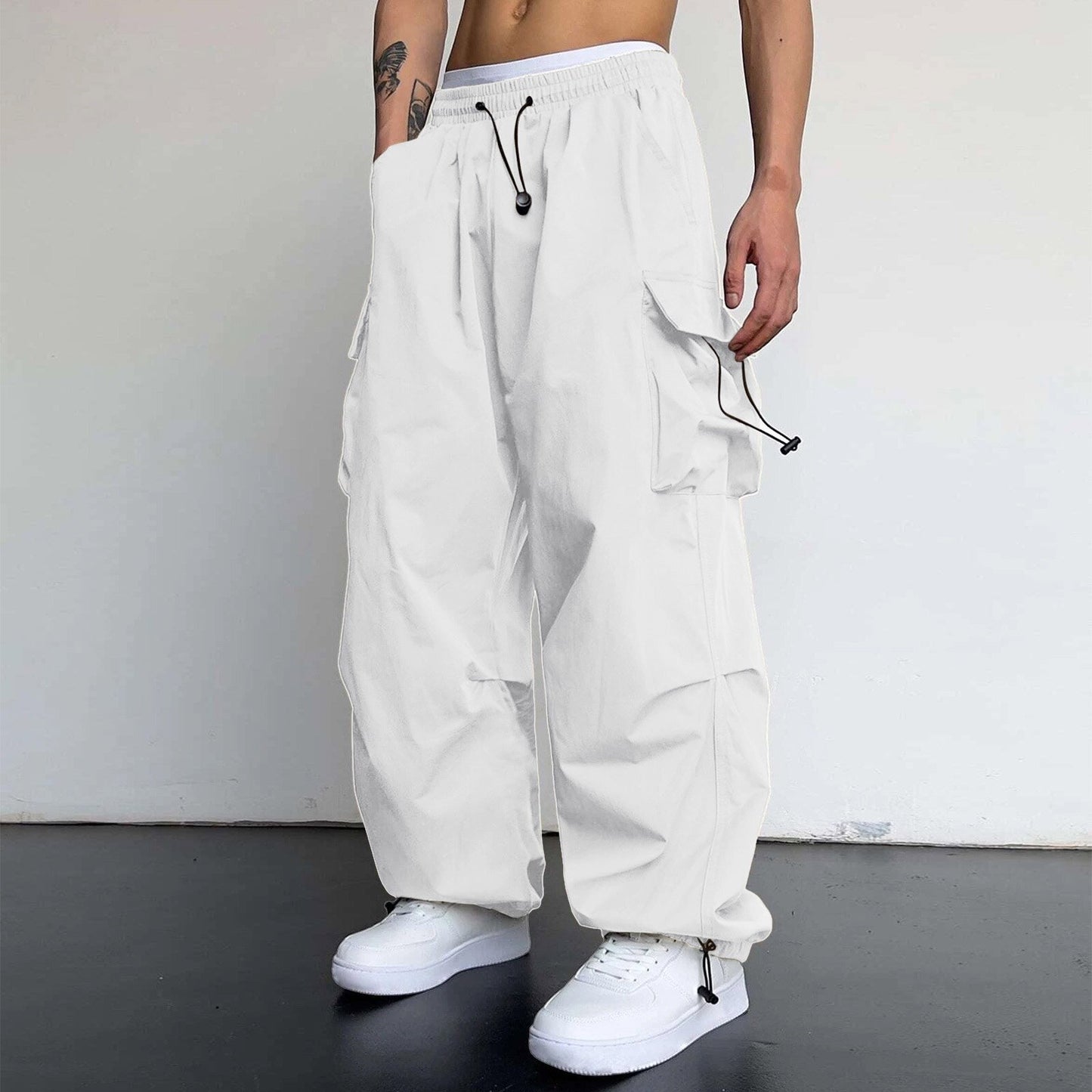 ANTMVS Nylon Quick-Drying Overalls Men's Summer New American Parachute Pants High Waist Wide Leg Leisure Drawstring