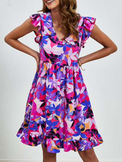 ANTMVS Summer New Popular Leaf Printed Dress V-neck Ruffled Sleeve Leisure Holiday Dress Dress