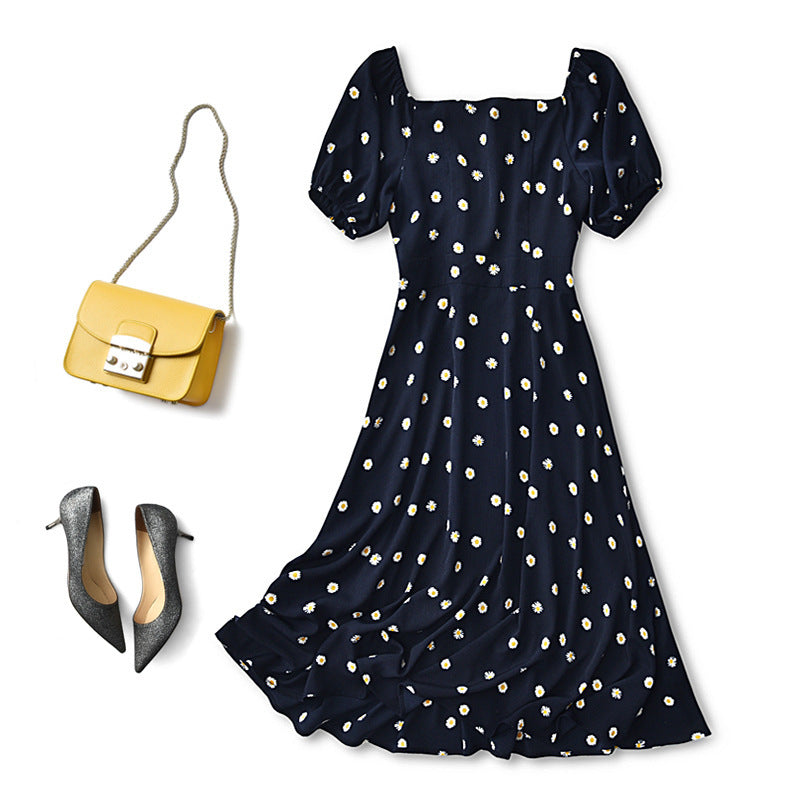 2025 Little Daisy Polka Dot Tea Break Dress  Summer New Platycodon Platycodon Long Skirt Women's Square Neck  Dress
