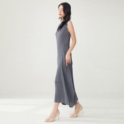 2025 vacation dress summer women's high-end sense sleeveless loose a-word pendulum thin irregular temperament medium and long dress