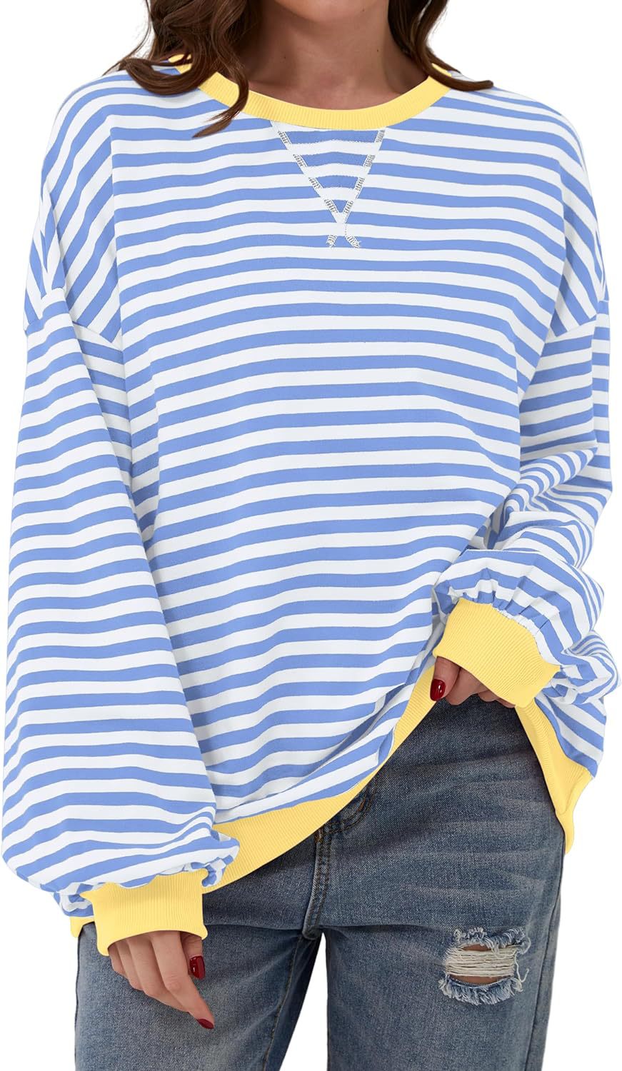 Antmvs -  Fisoew Womens Striped Oversized Sweatshirt Color Block Crew Neck Long Sleeve Shirt Casual Loose Pullover Top Y2K Clothes