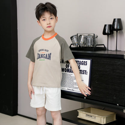 ANTMVS Children's Short Sleeve  Summer New Boys and Girls Color Matching T-shirt Medium and Big Children's Letter Raglan Sleeve Cotton T Undershirt Wholesale