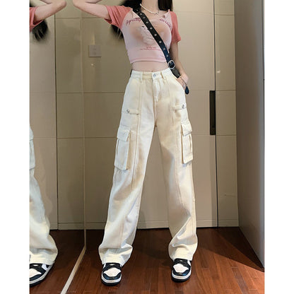 American Denim Overalls Women's 2024 New Retro High Waist Loose and Slimming Pocket Trousers Wide Leg Pants