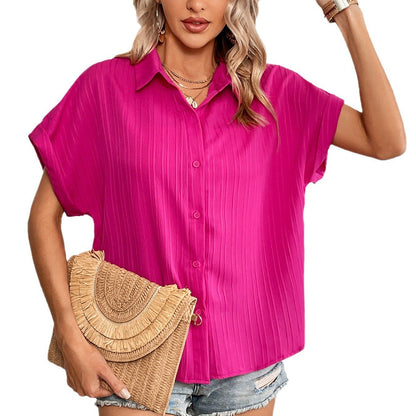 New Popular trade women's clothing  spring and summer casual loose V-neck button-down shirt solid color short-sleeved shirt top