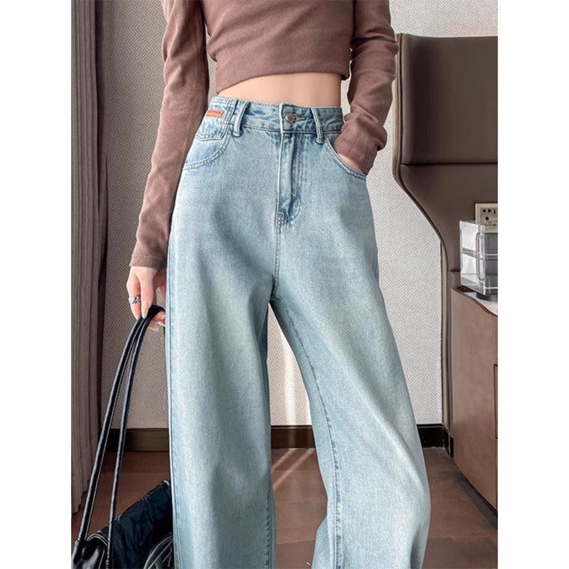 Light-Colored Jeans Women's 2024 New Spring and Autumn High Waist Loose and Slimming Embroidered Small Narrow Version Wide-Leg Pants